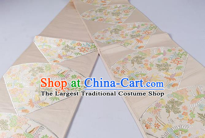 Asian Japanese Classical Plum Crane Pattern Beige Brocade Waistband Kimono Accessories Traditional Yukata Belt for Women