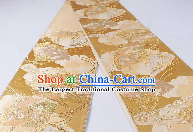 Asian Japanese Classical Maple Leaf Fan Pattern Golden Brocade Waistband Kimono Accessories Traditional Yukata Belt for Women