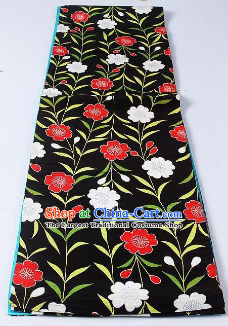 Asian Japanese Yukata Accessories Classical Flowers Pattern Black Brocade Belt Japan Traditional Kimono Waistband for Women