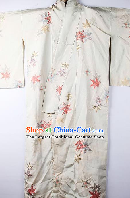 Asian Japanese National Printing Maple Leaf White Furisode Kimono Ceremony Costume Traditional Japan Yukata Dress for Women