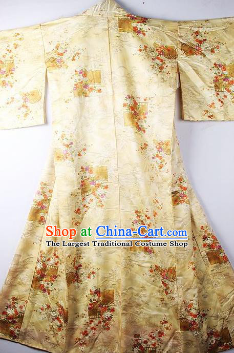 Asian Japanese National Printing Daisy Yellow Furisode Kimono Ceremony Costume Traditional Japan Yukata Dress for Women