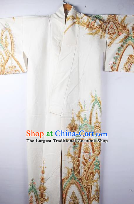 Asian Japanese National Iromuji Printing White Furisode Kimono Ceremony Costume Traditional Japan Yukata Dress for Women