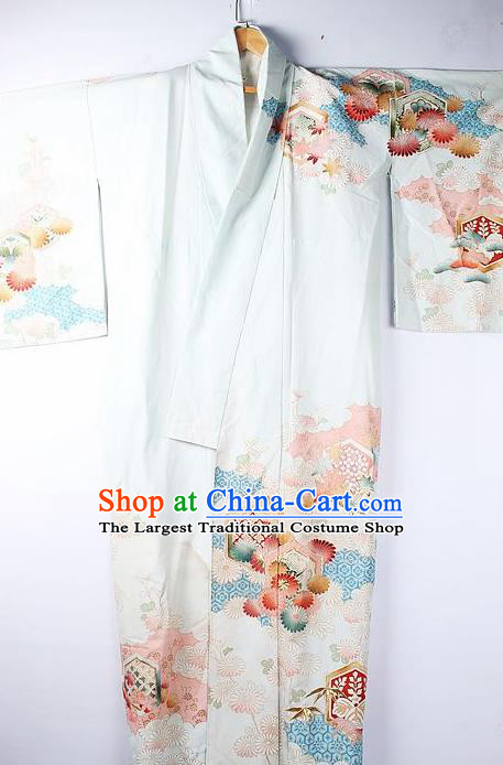 Asian Japanese National Iromuji Printing Daisy Light Blue Furisode Kimono Ceremony Costume Traditional Japan Yukata Dress for Women