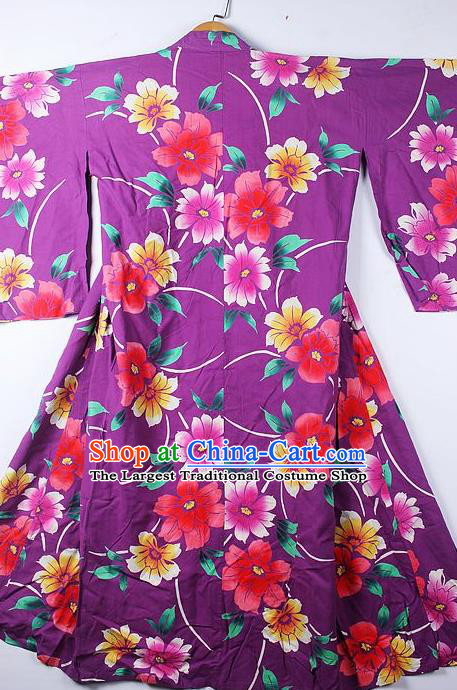 Asian Japanese Classical Hibiscus Pattern Purple Furisode Kimono Ceremony Costume Traditional Japan Yukata Dress for Women