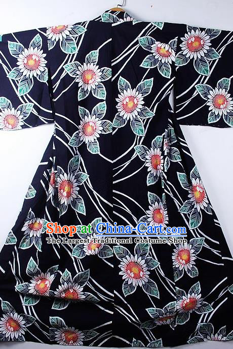 Asian Japanese Classical Sunflowers Pattern Black Yukata Traditional Japan Kimono Costume for Men