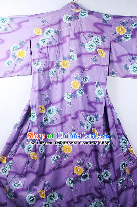 Asian Japanese Classical Petunia Pattern Purple Furisode Kimono Ceremony Costume Traditional Japan Yukata Dress for Women