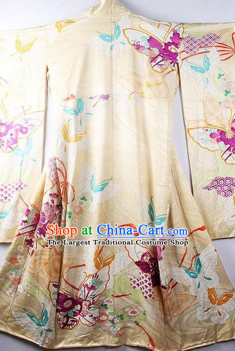 Asian Japanese Printing Butterfly Yellow Iromuji Furisode Kimono Ceremony Costume Traditional Japan Yukata Dress for Women