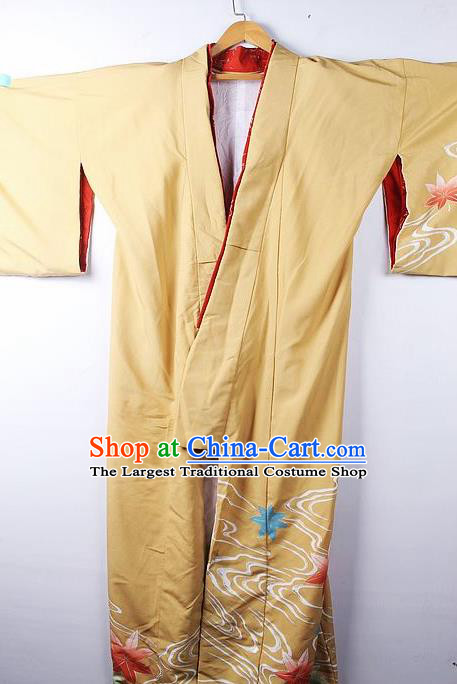 Asian Japanese Palace Classical Maple Leaf Pattern Yellow Furisode Kimono Ceremony Costume Traditional Japan Yukata Dress for Women