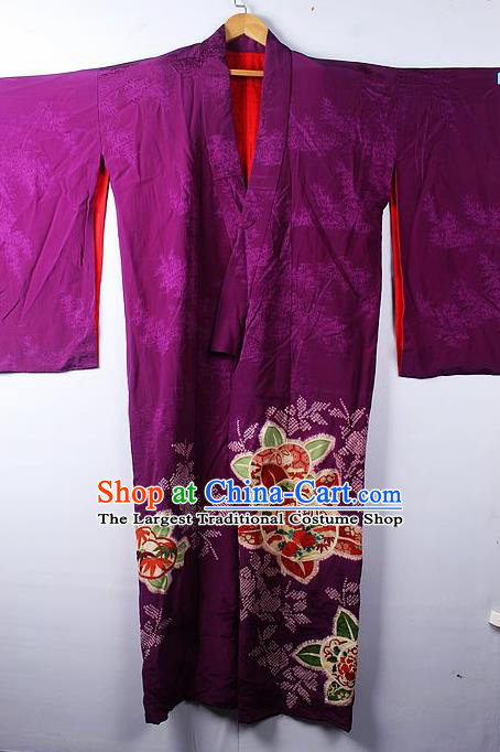 Asian Japanese Palace Classical Peony Pattern Purple Furisode Kimono Ceremony Costume Traditional Japan Yukata Dress for Women