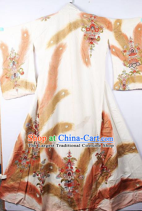 Asian Japanese Palace Feather Pattern White Furisode Kimono Traditional Japan Yukata Dress for Women