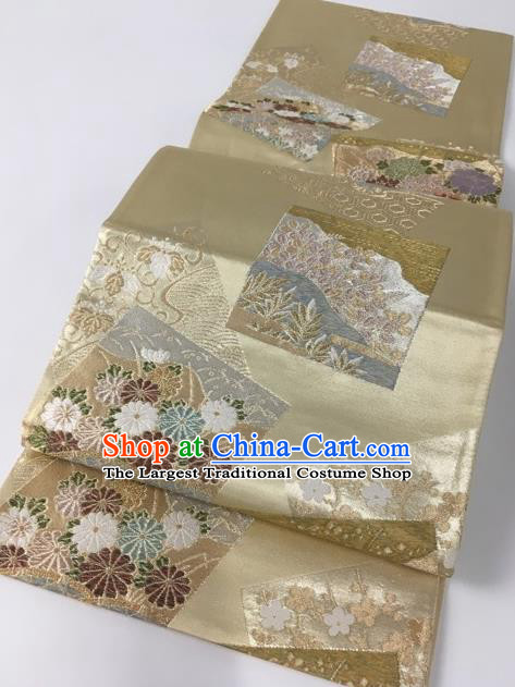 Japanese Traditional Classical Cornflowers Pattern Khaki Waistband Kimono Brocade Accessories Asian Japan Yukata Belt for Women