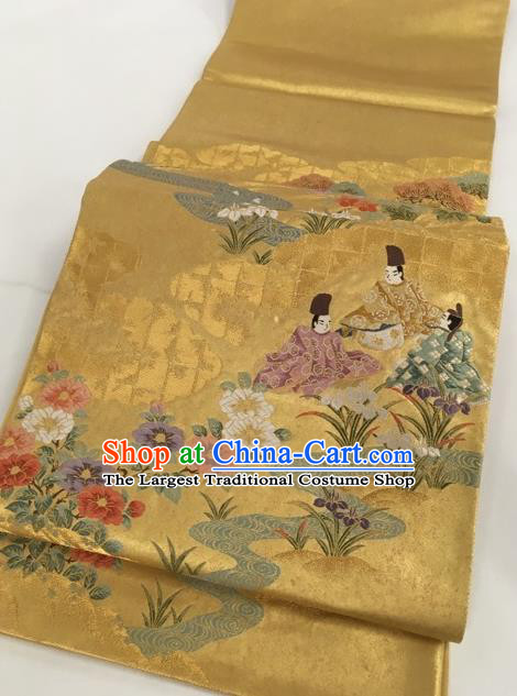 Japanese Traditional Classical Camellia Pattern Golden Waistband Kimono Brocade Accessories Asian Japan Yukata Belt for Women