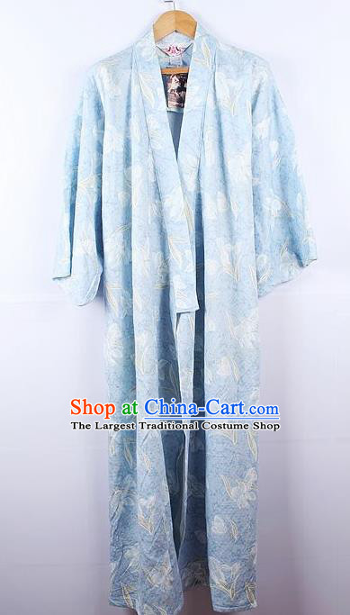 Asian Japanese Ceremony Palace Printing Blue Kimono Traditional Japan Yukata Dress for Women
