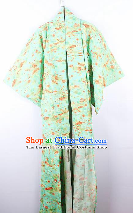 Asian Japanese Ceremony Printing Daisy Green Kimono Dress Traditional Japan Yukata Costume for Women