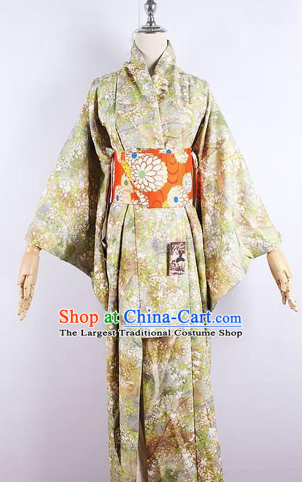 Asian Japanese Ceremony Printing Sakura Light Green Kimono Dress Traditional Japan Yukata Costume for Women