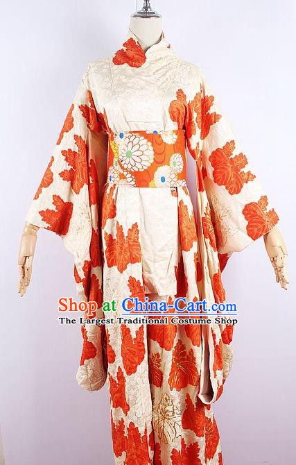 Asian Japanese Ceremony Printing Red Leaf Kimono Dress Traditional Japan Yukata Costume for Women