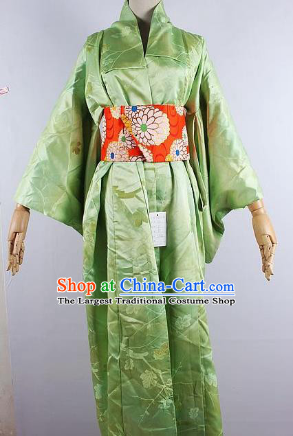 Asian Japanese Ceremony Green Silk Kimono Dress Traditional Japan Yukata Costume for Women