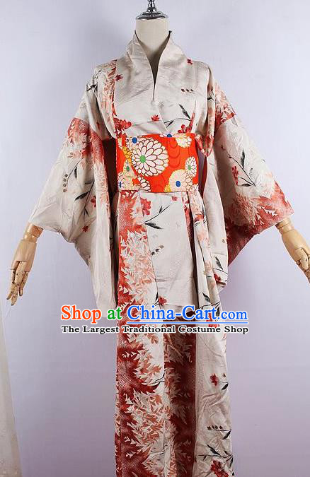 Japanese Ceremony Costume Printing Khaki Silk Kimono Dress Traditional Asian Japan Yukata for Women