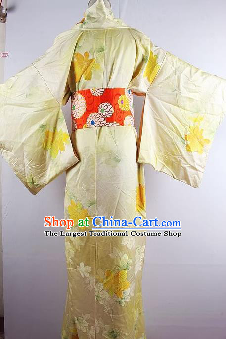 Japanese Ceremony Costume Printing Yellow Silk Kimono Dress Traditional Asian Japan Yukata for Women