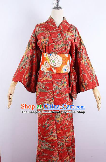 Asian Japanese Ceremony Printing Sakura Red Kimono Dress Traditional Japan Yukata Costume for Women