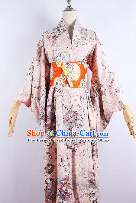 Asian Japanese Ceremony Printing Hydrangea Pink Kimono Dress Traditional Japan Yukata Costume for Women