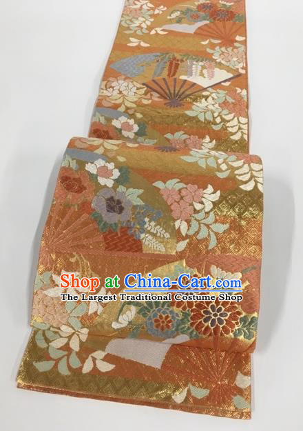 Japanese Classical Cornflower Pattern Orange Nishijin Waistband Traditional Kimono Brocade Accessories Asian Japan Yukata Belt for Women