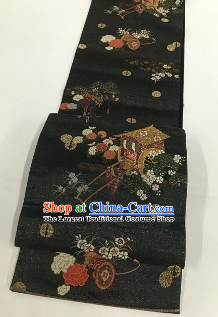 Japanese Classical Peony Gharry Pattern Black Nishijin Waistband Traditional Kimono Brocade Accessories Asian Japan Yukata Belt for Women