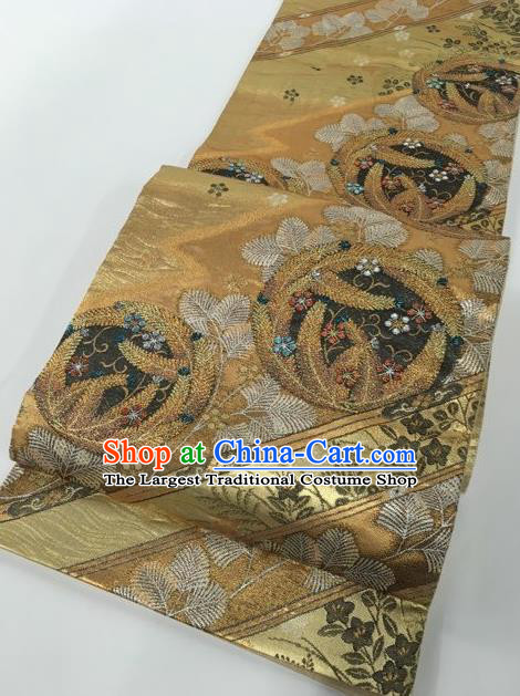 Traditional Japanese Classical Pattern Golden Nishijin Waistband Kimono Brocade Accessories Yukata Belt for Women