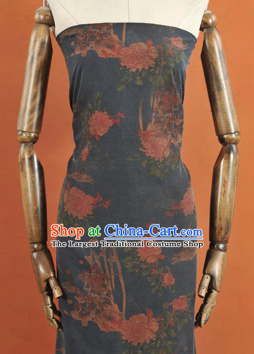 Chinese Traditional Peony Pattern Design Navy Gambiered Guangdong Gauze Asian Brocade Silk Fabric