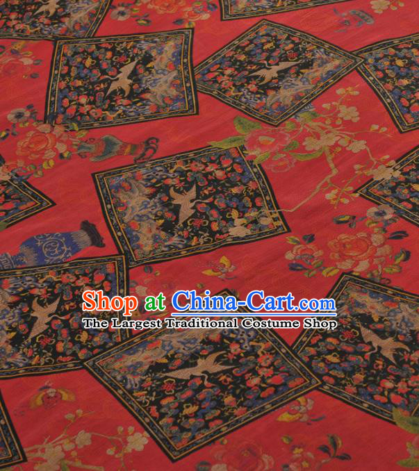 Chinese Traditional Classical Crane Wintersweet Pattern Design Red Gambiered Guangdong Gauze Asian Brocade Silk Fabric