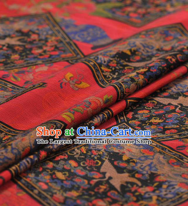 Chinese Traditional Classical Crane Wintersweet Pattern Design Red Gambiered Guangdong Gauze Asian Brocade Silk Fabric
