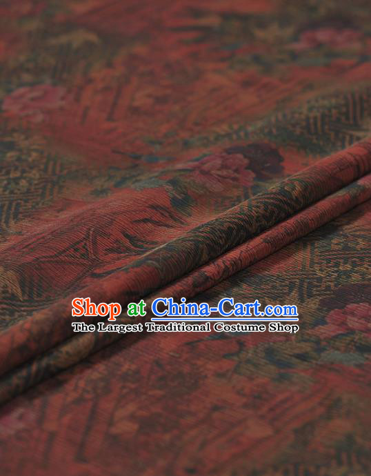 Chinese Traditional Classical Peony Pavilion Pattern Design Red Gambiered Guangdong Gauze Asian Brocade Silk Fabric