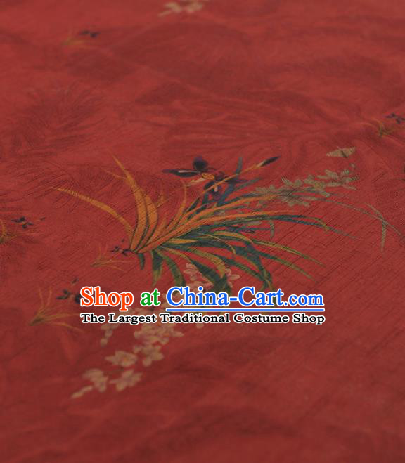 Chinese Traditional Classical Orchid Pattern Design Red Gambiered Guangdong Gauze Asian Brocade Silk Fabric