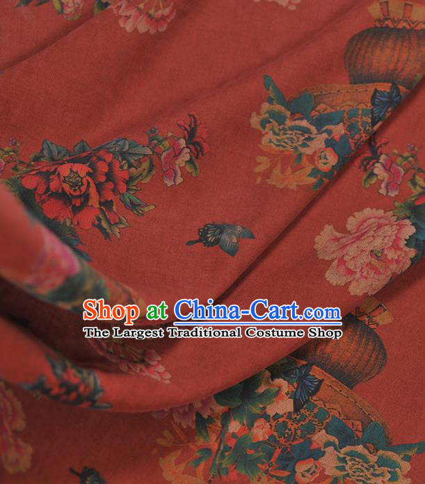 Chinese Traditional Classical Peony Flowers Pattern Design Red Gambiered Guangdong Gauze Asian Brocade Silk Fabric