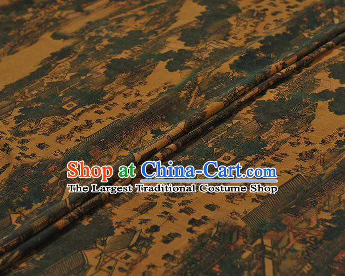 Chinese Traditional Classical Changan View Pattern Design Yellow Gambiered Guangdong Gauze Asian Brocade Silk Fabric