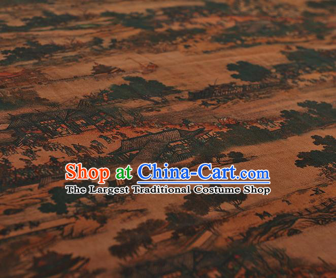Chinese Traditional Classical Changan View Pattern Design Brown Gambiered Guangdong Gauze Asian Brocade Silk Fabric