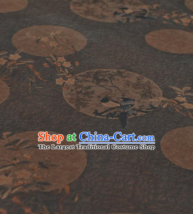 Chinese Traditional Classical Magpie Wintersweet Pattern Design Brown Gambiered Guangdong Gauze Asian Brocade Silk Fabric