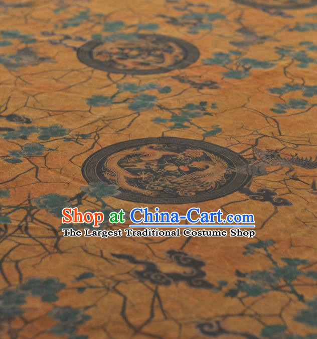 Chinese Traditional Dragon Phoenix Crane Pattern Design Yellow Gambiered Guangdong Gauze Asian Brocade Silk Fabric