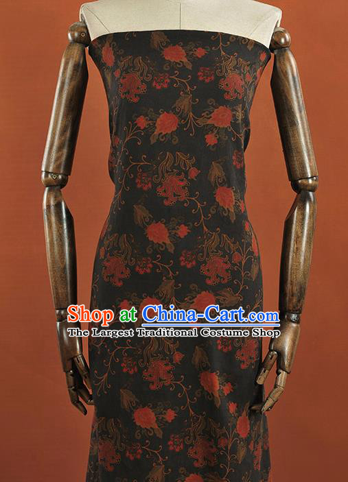 Chinese Traditional Chrysanthemum Pattern Design Black Gambiered Guangdong Gauze Asian Brocade Silk Fabric