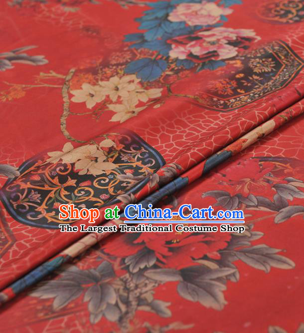 Chinese Classical Peony Pattern Design Red Gambiered Guangdong Gauze Traditional Asian Brocade Silk Fabric