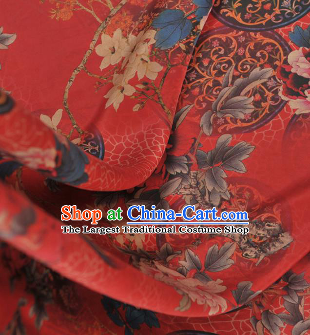 Chinese Classical Peony Pattern Design Red Gambiered Guangdong Gauze Traditional Asian Brocade Silk Fabric