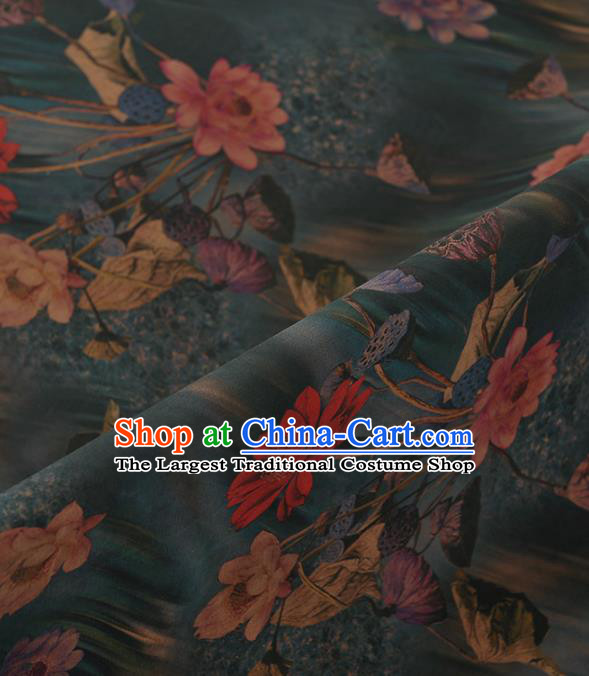 Chinese Classical Lotus Pattern Design Blue Gambiered Guangdong Gauze Traditional Asian Brocade Silk Fabric