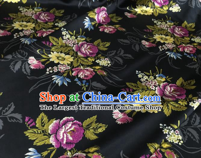 Asian Chinese Classical Roses Pattern Black Brocade Satin Drapery Traditional Cheongsam Brocade Silk Fabric
