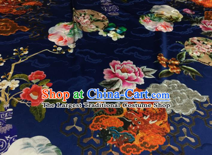 Asian Chinese Classical Dragon Peony Pattern Royalblue Brocade Satin Drapery Traditional Cheongsam Brocade Silk Fabric