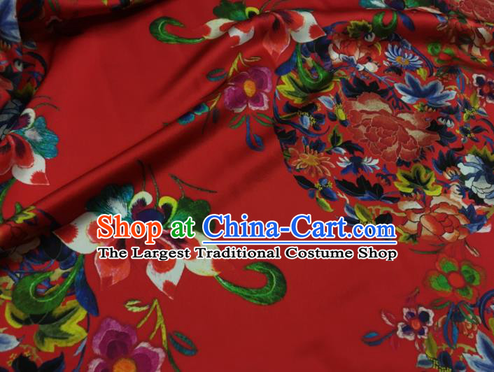 Asian Chinese Classical Round Peony Pattern Red Brocade Satin Drapery Traditional Cheongsam Brocade Silk Fabric