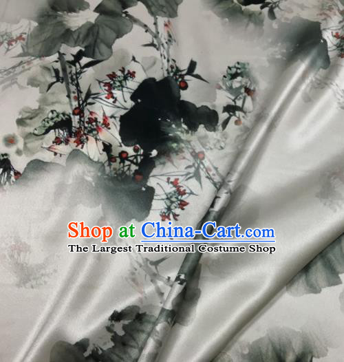 Asian Chinese Classical Ink Painting Lotus Pattern White Brocade Satin Drapery Traditional Cheongsam Brocade Silk Fabric