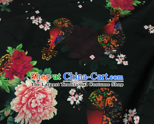 Asian Chinese Classical Lute Peony Pattern Black Brocade Satin Drapery Traditional Cheongsam Brocade Silk Fabric