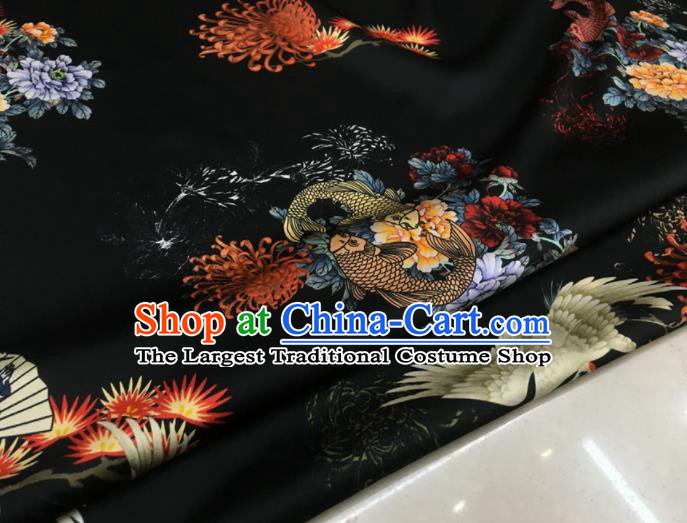 Asian Chinese Classical Chrysanthemum Crane Peony Pattern Black Brocade Satin Drapery Traditional Cheongsam Brocade Silk Fabric