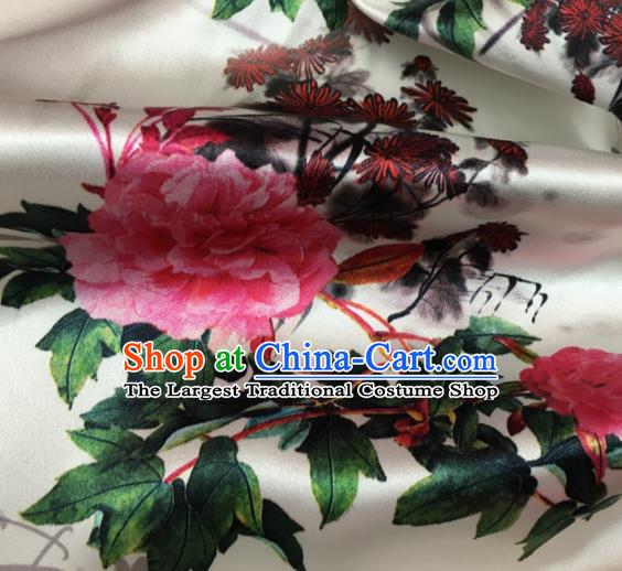 Asian Chinese Classical Chrysanthemum Peony Pattern White Brocade Satin Drapery Traditional Cheongsam Brocade Silk Fabric