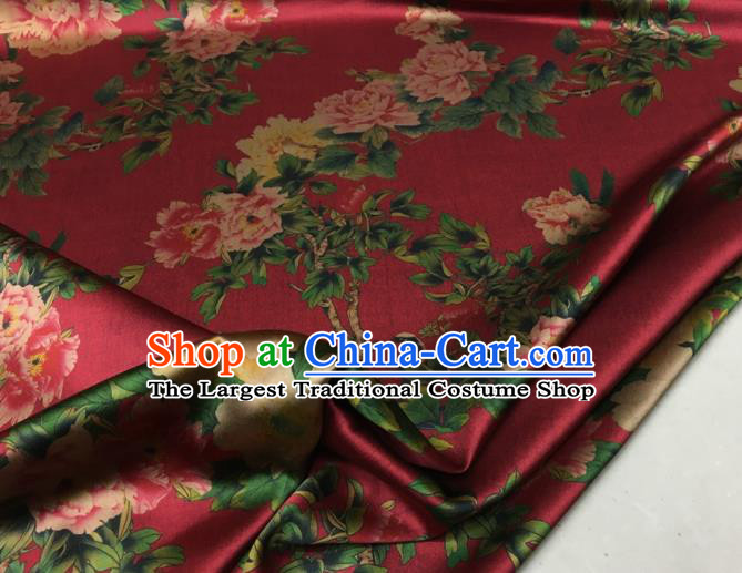 Asian Chinese Classical Peony Pattern Purplish Red Brocade Satin Drapery Traditional Cheongsam Brocade Silk Fabric
